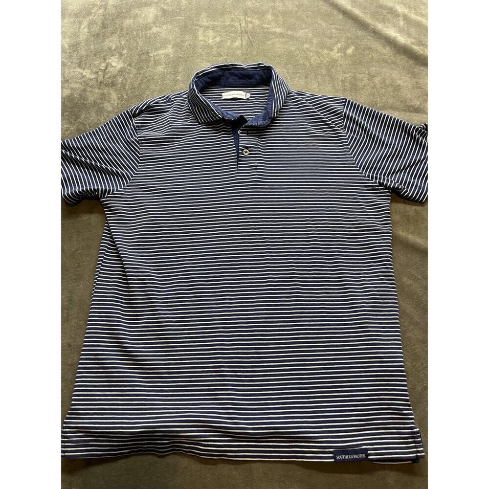 SOUTHERN PROPER small Men's S/S Cotton Polo‎ Shirt blue white striped preppy